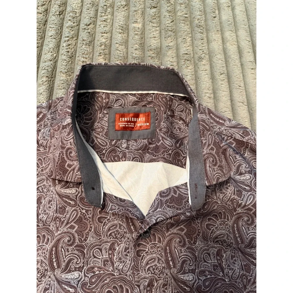 Consequence Mens Brown Paisley Long Sleeve Button Down Shirt Medium